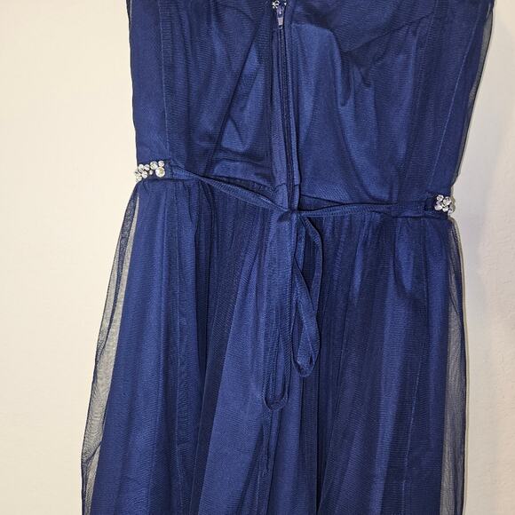 dark blue midi dress with a shiny waist-line and faded shine on shoulders - Picture 7 of 11